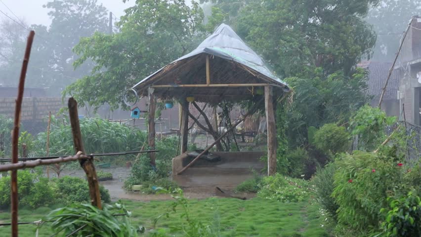 heavy rain and thunderstorm in village