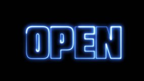 4K Ultra Hd. Open text animation. Neon and blue electric effect on letters. Video clip for online shop, blog, web, cafe, hotel. Open neon sign.