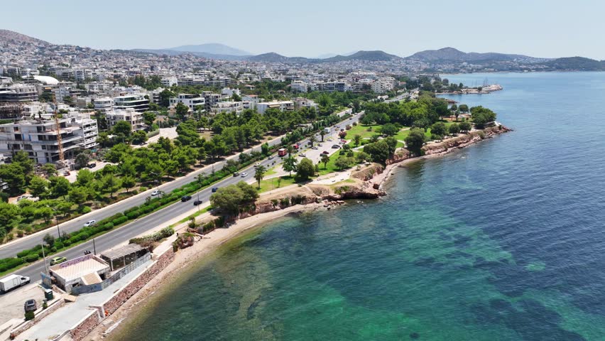 Aerial drone video of famous seascape of Athens Riviera, Voula, Athens Riviera, Attica, Greece Royalty-Free Stock Footage #3413120553