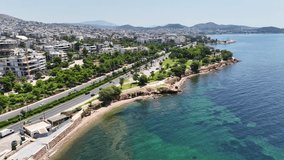 Aerial drone video of famous seascape of Athens Riviera, Voula, Athens Riviera, Attica, Greece