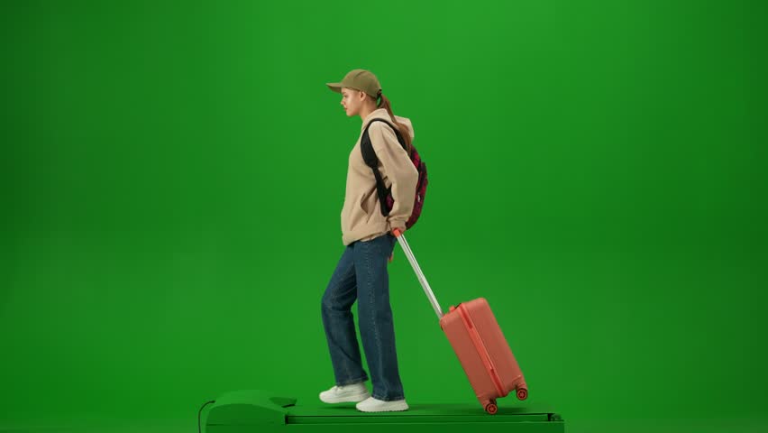 Portrait of traveler isolated on chroma key green screen background. Young girl walking with suitcase and talking on smartphone.