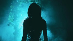 dark silhouette fantasy woman goes to bright magical divine blue moon light ray in black night garden glow, fog portal arch flowers. Mystery lady Gothic Girl princess in smoke. vampire back rear view - Powered by Shutterstock - Get 15% off with code: PIKWIZARD15