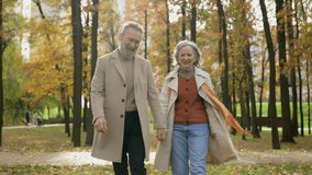 Middle aged 60s couple gray-haired wife and husband in elegant outerwear walking romantic date in autumn city park Caucasian happy family woman man grandparents holding hands together walk outdoors - Powered by Shutterstock - Get 15% off with code: PIKWIZARD15