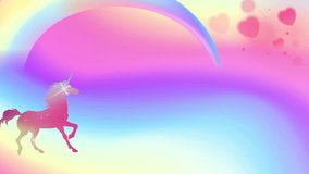 Unicorn in the sky with clouds, rainbow, hearts and butterflies. Cute cartoon looped animal animation. Pink background.