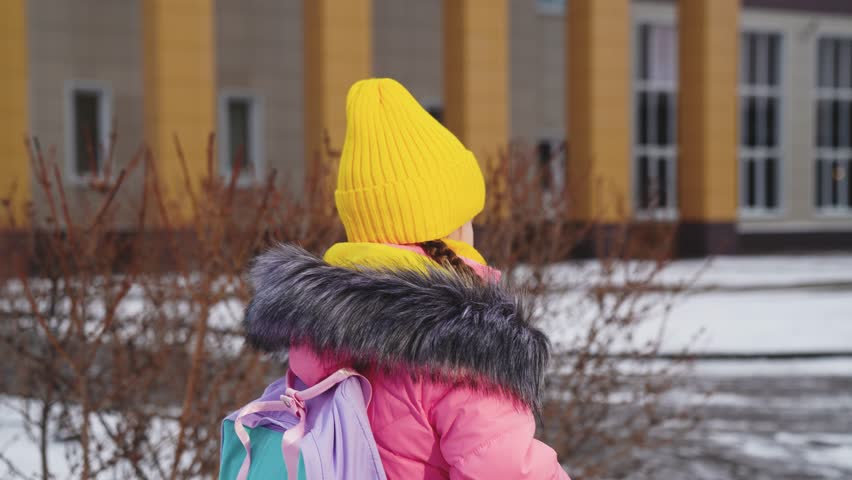 School, child kid girl daughter goes school with backpack white snow winter, girl hurry study class, little schoolgirl with bag walking through park school building, happy chilt school backpack hurry