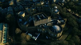 Scenic aerial video of the Lancaster Castle during the day time.