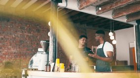 Cafe, barista and teamwork on tablet for restaurant management, stock inventory and startup sales or business profit. Happy cashier, waiter or people reading menu on digital technology at coffee shop - Powered by Shutterstock - Get 15% off with code: PIKWIZARD15