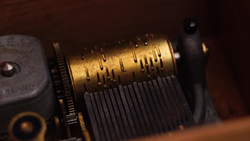 Music Box Mechanism, Macro Close Up. Playing Melody on Antique Device