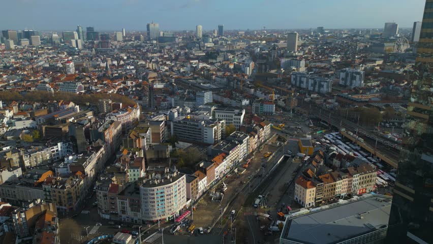Aerial view of the old town of Brussels on an early morning in late autumn.	