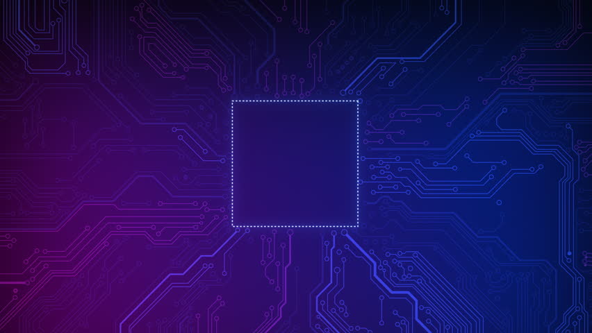Animated circuit board. Digital technology background. Central computer processor CPU concept. Motherboard digital chip. PCB with free copy space for text or logo. Development 3D abstract backdrop