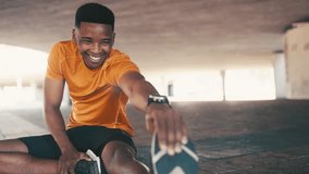 Black man, stretching legs with smile for fitness and workout outdoor, happy runner or athlete start training for health. Muscle, warm up and ready for exercise with cardio, sports and challenge - Powered by Shutterstock - Get 15% off with code: PIKWIZARD15