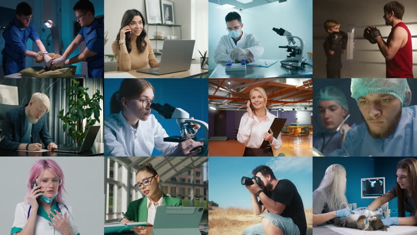 Happy multi cultural, multi ethnic diverse people at work. Professional employees business woman, scientist, veterinarian, sport coach, photographer. Diverse people background of different gender age Royalty-Free Stock Footage #3413317991