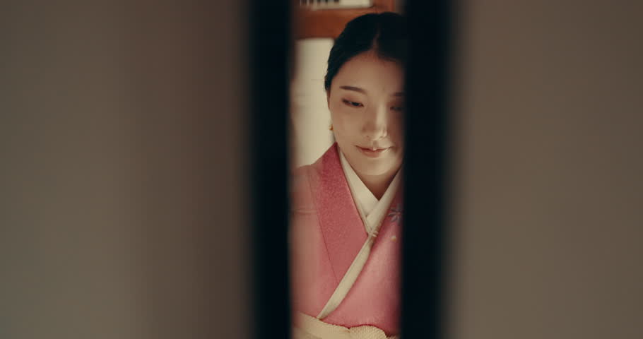 Open, door and traditional woman in Japan bow in welcome with kimono, fashion or culture. Asian, home and portrait of person in morning with happiness, respect and entrance to house with hospitality