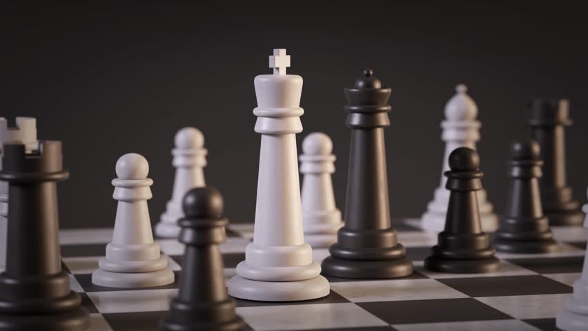 Chessboard animation balck queen winning. 3D Illustration
