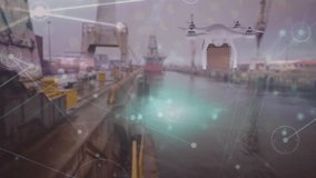 Animation of network of connections and light spot against drone carrying a delivery box at a port. Global networking and logistics business technology concept - Powered by Shutterstock - Get 15% off with code: PIKWIZARD15
