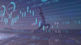 Animation of statistical and stock market data processing over fit woman practicing yoga the beach. Global economy and health wellness concept - Powered by Shutterstock - Get 15% off with code: PIKWIZARD15