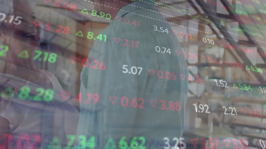 Animation of stock market data processing against caucasian senior couple dancing together at home. Global economy and retirement lifestyle concept - Powered by Shutterstock - Get 15% off with code: PIKWIZARD15