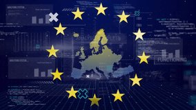 Animation of spinning stars on eu map against interface with data processing on blue background. European union and business concept - Powered by Shutterstock - Get 15% off with code: PIKWIZARD15
