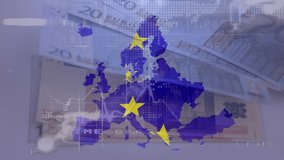 Animation of data processing and waving eu flag over eu map against close up of euro bills. European union and finance economy concept - Powered by Shutterstock - Get 15% off with code: PIKWIZARD15