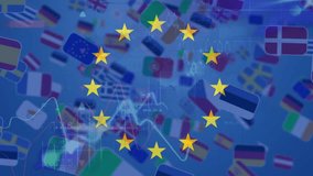 Animation of spinning stars on eu flag and data processing over eu country flag miniatures falling. European union and business concept - Powered by Shutterstock - Get 15% off with code: PIKWIZARD15