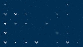 Template animation of evenly spaced bird symbols of different sizes and opacity. Animation of transparency and size. Seamless looped 4k animation on dark blue background with stars
