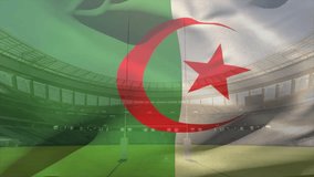 Animation of waving flag of algeria over stadium. Sport, competition and nationality concept digitally generated video. - Powered by Shutterstock - Get 15% off with code: PIKWIZARD15