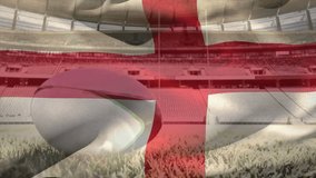 Animation of waving flag of england over stadium with rugby ball. Sport, competition and nationality concept digitally generated video.