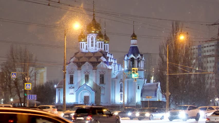A church in the winter night city of Samara. Russia Royalty-Free Stock Footage #3413587147