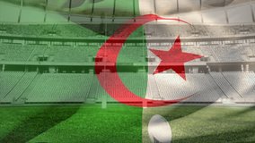 Animation of waving flag of algeria over stadium with rugby ball. Sport, competition and nationality concept digitally generated video. - Powered by Shutterstock - Get 15% off with code: PIKWIZARD15