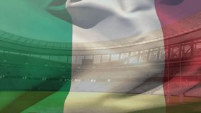 Animation of waving flag of italy over stadium. Sport, competition and nationality concept digitally generated video.