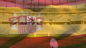 Animation of waving flag of spain over stadium with rugby ball. Sport, competition and nationality concept digitally generated video. - Powered by Shutterstock - Get 15% off with code: PIKWIZARD15