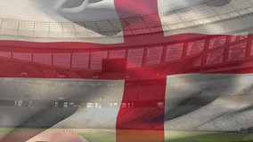 Animation of waving flag of england over stadium. Sport, competition and nationality concept digitally generated video.
