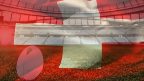 Animation of waving flag of switzerland over stadium with rugby ball. Sport, competition and nationality concept digitally generated video. - Powered by Shutterstock - Get 15% off with code: PIKWIZARD15