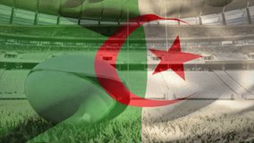 Animation of waving flag of algeria over stadium with rugby ball. Sport, competition and nationality concept digitally generated video. - Powered by Shutterstock - Get 15% off with code: PIKWIZARD15