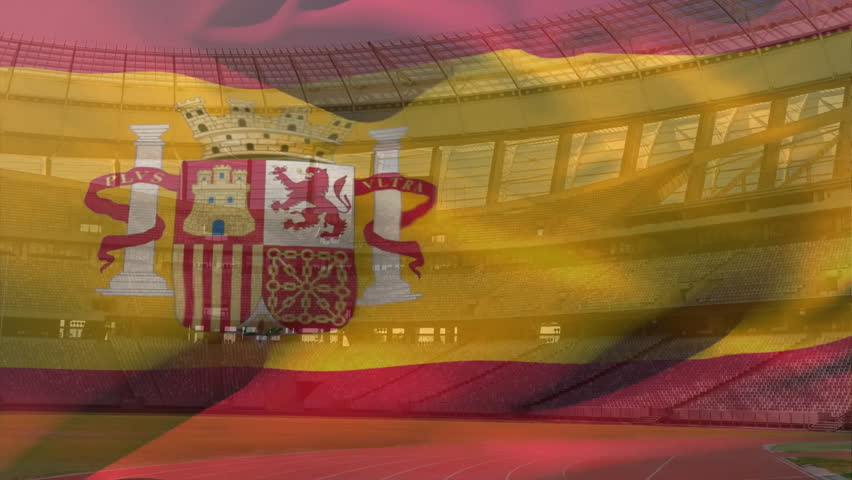 Animation of waving flag of spain over stadium. Sport, competition and nationality concept digitally generated video.