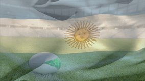 Animation of waving flag of argentina over stadium with rugby ball. Sport, competition and nationality concept digitally generated video.