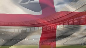 Animation of waving flag of england over stadium. Sport, competition and nationality concept digitally generated video.