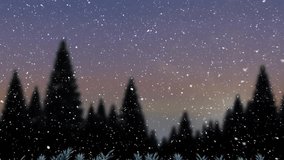 Animation of snow falling over light trail and fir tree forest. Season, winter and shapes concept, digitally generated video.