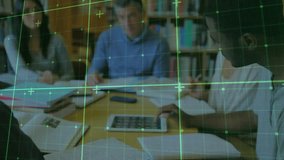 Animation of data processing over diverse students. Global education, university, connections, computing and data processing concept digitally generated video.