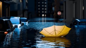 A striking yellow umbrella adrift in the reflection-laden waters of a sunlit, flooded urban landscape at dusk. - Powered by Shutterstock - Get 15% off with code: PIKWIZARD15