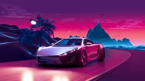 A sleek futuristic sports car speeds along a glowing neon road against a vibrant pink and purple sunset landscape with silhouetted mountains and birds. - Powered by Shutterstock - Get 15% off with code: PIKWIZARD15