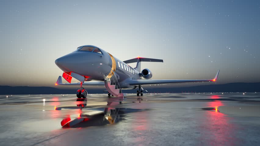 A sleek private jet with illuminated stairs parked on a glossy, reflective airport tarmac with twilight sky and starry backdrop. Royalty-Free Stock Footage #3413668933