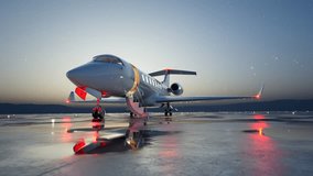 A sleek private jet with illuminated stairs parked on a glossy, reflective airport tarmac with twilight sky and starry backdrop. - Powered by Shutterstock - Get 15% off with code: PIKWIZARD15