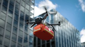 Advanced medical drone carrying a first aid kit hovers in front of a modern skyscraper under a clear blue sky. - Powered by Shutterstock - Get 15% off with code: PIKWIZARD15
