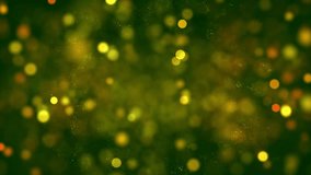 Dynamic video background of shimmering golden polka dots on blurred green Christmas tree festive background, dynamic video background of sparkling golden polka dots, dynamic video background of festiv