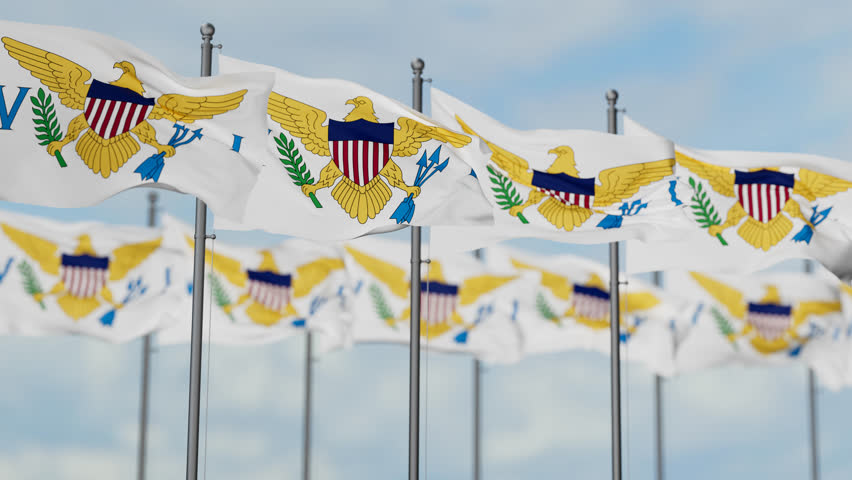 Virgin Islands of the United States many flags waving together in the wind, seamless looped video Royalty-Free Stock Footage #3413677963