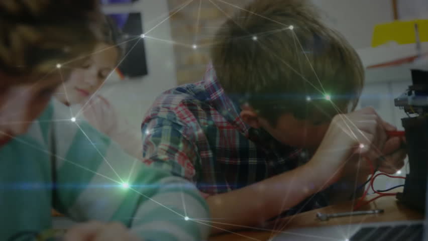 Animation of network of connections over diverse schoolchildren writing. Technology, education and digital interface concept, digitally generated video. - Powered by Shutterstock - Get 15% off with code: PIKWIZARD15