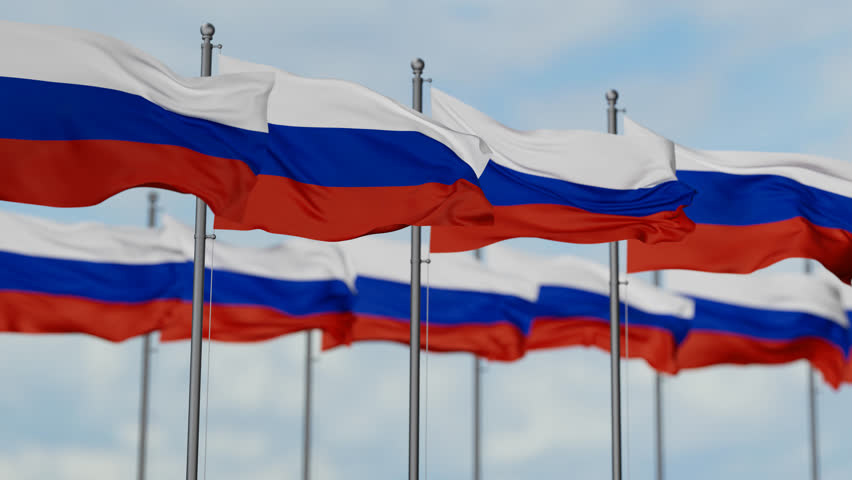 Russian Federation many flags waving together in the wind, seamless looped video Royalty-Free Stock Footage #3413687817