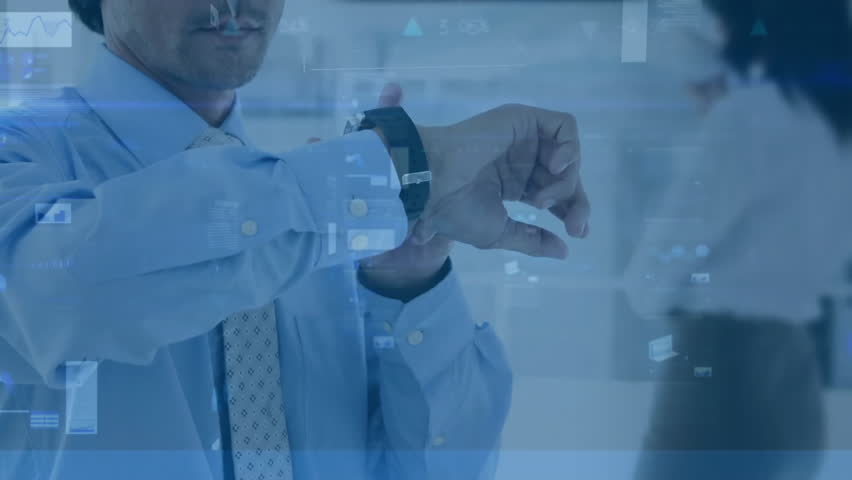 Animation of data processing over asian businessman using smartwatch. Communication, technology, business and digital interface concept digitally generated video. - Powered by Shutterstock - Get 15% off with code: PIKWIZARD15