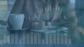 Animation of data processing over biracial businesswoman taking notes in cafe. Communication, technology, business and digital interface concept digitally generated video. - Powered by Shutterstock - Get 15% off with code: PIKWIZARD15